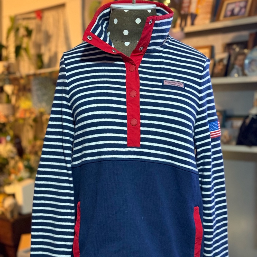 Vineyard Vines Striped Pullover Small medium Navy White Red American flag
